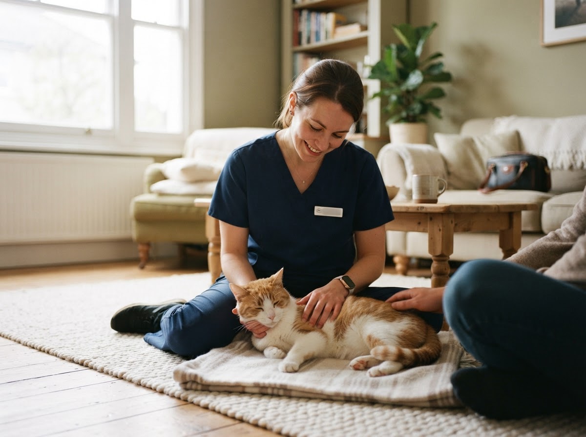 A veterinarian caring for a relaxed cat during a home visit